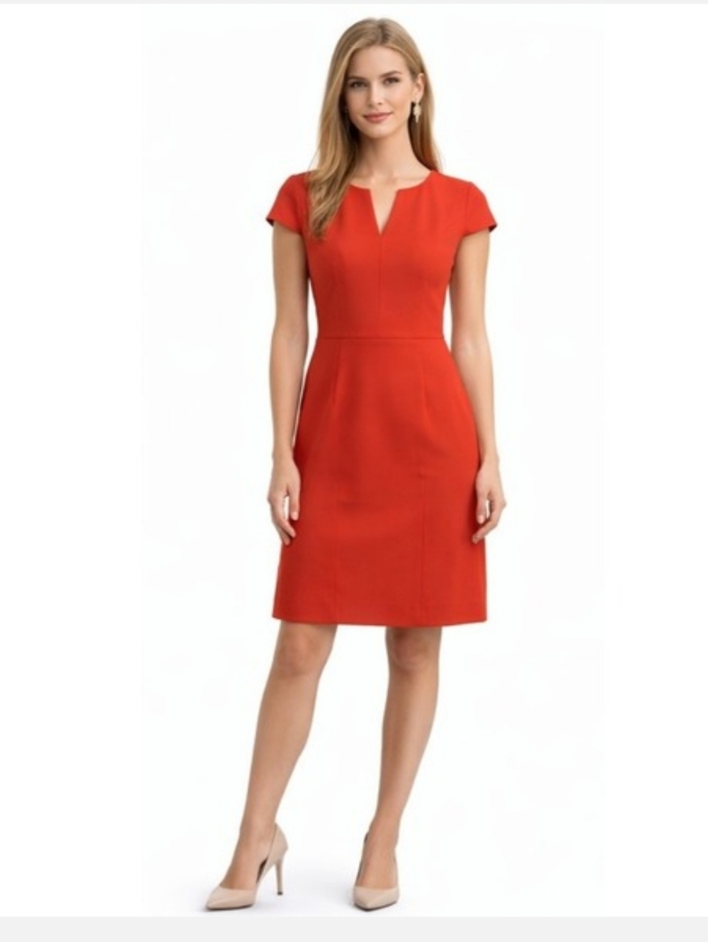 Elie Tahari Short Sleeve Dart Dress Tomato Red Triacetate Crepe Size 6